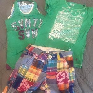77 Kids American Eagle sz 4 5 plaid shorts tee shirt green waves lot bundle